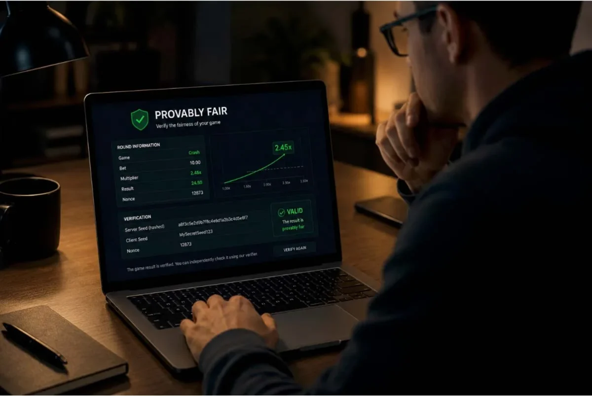Jugador verificando resultados Provably Fair en laptop durante sesión de casino online en 2026