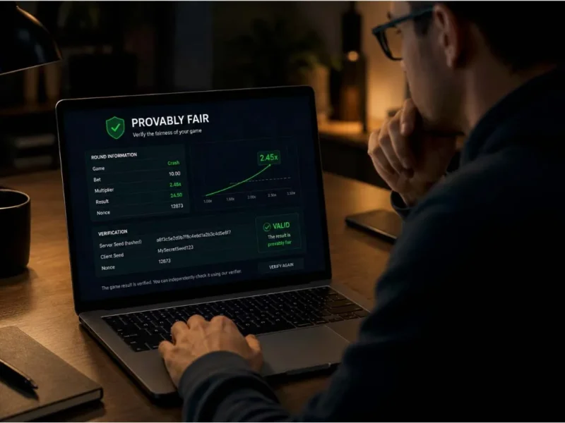 Jugador verificando resultados Provably Fair en laptop durante sesión de casino online en 2026